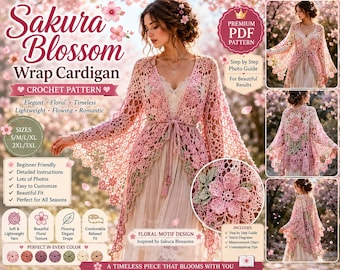 Sakura Blossom Wrap Cardigan Häkelanleitung, PDF Datei, Florale Spitze Cardigan Pattern, Boho Kimono häkeln, Wickeljacke, Kimono häkeln, Größen S-3XL