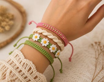 Boho Häkelarmband Muster Bundle | Gänseblümchen, Perlen, gedrehte & geflochtene Armbänder | PDF Schnittmuster für Schmuck