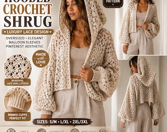 Luxus Kapuzen häkeln Shrug Muster, übergroße Ballon-Ärmel Spitze Strickjacke, Pinterest Stil Kapuzen Bolero PDF Muster