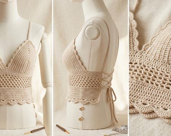 Coastal Sommer Top Muster PDF | Spitzen-Bralette-Crop-Top, Muschelrand-Cami, XS-XL Häkelanleitung