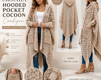 Gehäkelte Kapuzentasche Ruana Muster, Übergroße Kokon-Strickjacke PDF, Boho Wasserfall Schal Wrap, Spitzen-Kapuzen-Häkelpullover Muster