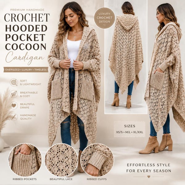 Crochet Hooded Pocket Ruana Pattern, Oversized Cocoon Cardigan PDF, Boho Waterfall Shawl Wrap, Lace Hooded Crochet Sweater Pattern