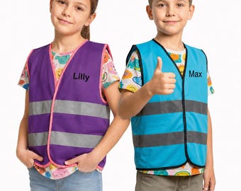 Chaleco infantil personalizado con bolsillo y franjas reflectantes - Personalizable con nombre y texto deseado.