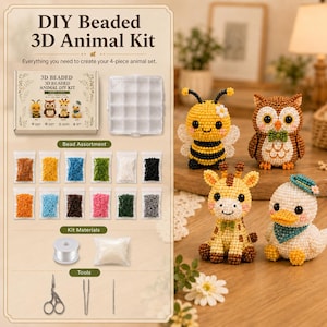 May include: A DIY beaded 3D animal kit featuring a box, a clear plastic organizer, twelve small bags of colored beads, a spool of clear thread, a bag of white beads, scissors, tweezers, and a needle to create a bee, owl, giraffe, and duck.