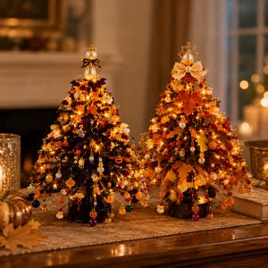 May include: Two decorative tabletop trees illuminated with warm fairy lights. The left tree features dark foliage with miniature pumpkin and ghost charms. The right tree displays autumn-coloured maple leaves, berries, and pearls, both topped with ornate finials.
