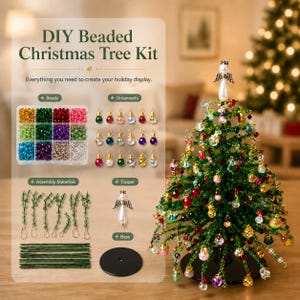 May include: A DIY beaded Christmas tree kit featuring a grid container of colourful beads, various small hanging ornaments, green wire branches, a circular black base, and an angel topper. A fully assembled green beaded tree is shown.