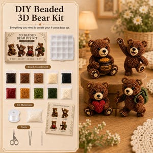 May include: A DIY beaded 3D bear kit featuring a box, a clear grid tray, assorted colored beads in small bags, a spool of white thread, a bag of filler, scissors, tweezers, a needle, and instruction cards to create four unique bear figures.
