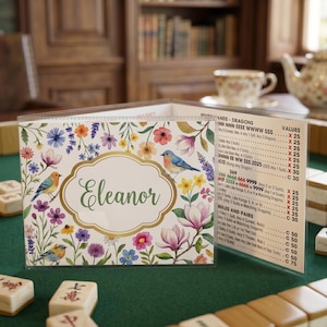 Puede incluir: Un tarjetero personalizado con un diseño floral, con el nombre "Eleanor" en un marco dorado. El tarjetero está adornado con flores y pájaros coloridos. El tarjetero está sobre una superficie verde.