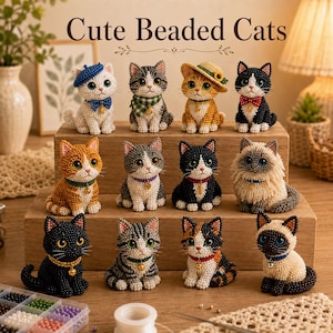 May include: A collection of twelve small cat figurines crafted from tiny beads, displayed on a wooden stand. Each cat features unique colours, patterns, and accessories like hats, scarves, or collars with small charms. The text Cute Beaded Cats is visible.