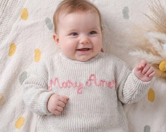 Personalized Embroidered Baby Name Sweater – Handmade Custom Knit Jumper & Newborn Outfit