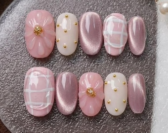 Dreamy Pink Gold Floral Cat Eye Press On Nails, Short Oval Glitter Pearl Manicure, Elegant Handmade False Nail Set