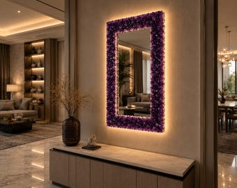 Luxury Amethyst Crystal Wall Mirror | Handmade Gemstone Mirror