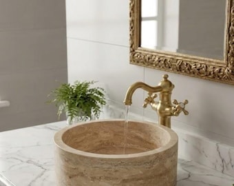 Handgemaakte waskom van travertijn – luxe stenen badkamerwastafel, ronde marmeren wastafel, natuurlijke beige wastafelkom, wastafeldecoratie in spa-stijl