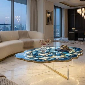 Blue Agate Coffee Table Top, Luxury Handmade Statement Furniture, Bespoke Natural Stone Table, Modern Designer Decor