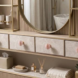 Rose Quartz Cabinet Knob, Pink Crystal Drawer Pull, Brass Dresser Handle, Luxury Furniture Hardware, Modern Decor