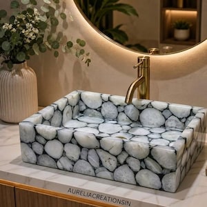 Luxury White Agate Vessel Sink | Handmade Natural Stone Bathroom Sink | Custom Crystal Wash Basin