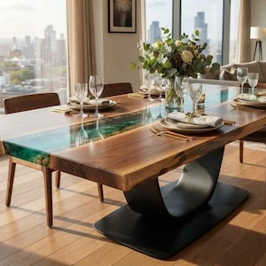 Custom Walnut Epoxy River Dining Table Handmade Luxury Live Edge Wood Table Blue Resin Dining Table Modern Dining Room Furniture