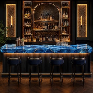 Könnte beinhalten: Eine Bartheke mit einer polierten blauen Marmorplatte mit Goldadern vor einer dunklen, beleuchteten Rückwand mit Regalen voller Glasflaschen. Vier dunkelblaue, gepolsterte Barhocker mit goldfarbenen Metallfüßen stehen davor.