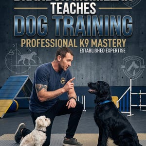 Könnte beinhalten: Ein Mann kniet mit zwei Hunden, einem schwarzen und einem weißen. Das Bild enthält Text: "Brandon McMillan lehrt Hundeerziehung, professionelle K9-Meisterschaft, etabliertes Fachwissen."