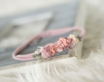 Newborn Baby Headband for Photography {newborn photo prop, newborn tieback, newborn flower crown, newborn halo, baby gift, rts, pink}