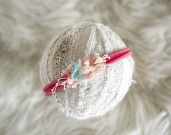 Newborn Baby Headband for Photography {newborn photo prop, newborn tieback, newborn flower crown, newborn halo, baby gift, rts, coral}