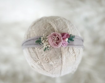 Newborn Baby Headband for Photography {newborn photo prop, newborn tieback, newborn flower crown, newborn halo, baby gift, rts, gray}