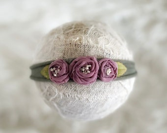 Newborn Baby Headband for Photography {newborn photo prop, newborn tieback, newborn flower crown, newborn halo, baby gift, rts, green}