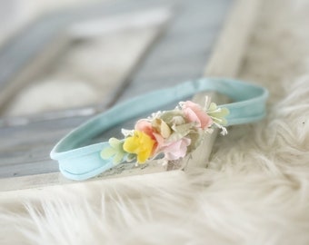 Newborn Baby Headband for Photography {newborn photo prop, newborn tieback, newborn flower crown, newborn halo, baby gift, rts, seafoam}