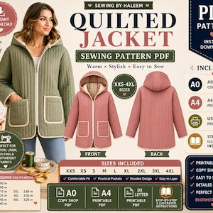 Puede incluir: Un patrón de costura digital para una chaqueta acolchada con capucha y dos bolsillos delanteros. El patrón incluye instrucciones para tallas de XXS a 4XL, con formatos de impresión A0, A4 y US Letter. El diseño muestra vistas frontal y trasera.