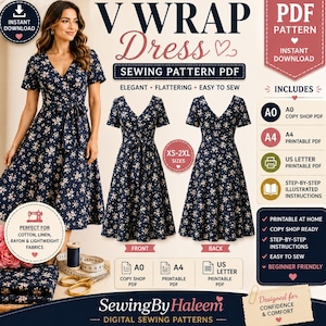 May include: A digital sewing pattern for a V-wrap dress featuring a dark blue fabric with a small white floral print. The PDF includes A0, A4, and US letter formats, step-by-step instructions, and covers sizes XS-2XL for cotton, linen, or rayon fabrics.