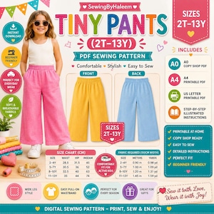 May include: A digital PDF sewing pattern for children's wide-leg pants in sizes 2T-13Y. The graphic displays a child wearing pink pants, with yellow and blue examples, a size chart in centimeters, fabric requirements in yards and meters, and icons.