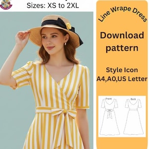 May include: A woman wearing a yellow and white striped wrap dress with a matching straw hat. The hat has a black ribbon and a yellow flower. The dress has a tie at the waist. Text on the right says "Line Wrape Dress" and "Download pattern".