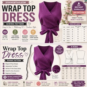 Puede incluir: Un patrón de costura digital para un top cruzado sin mangas de color morado. La imagen muestra la prenda terminada, una tabla de tallas con medidas en cm y texto que incluye SEWINGBYHALEEM, WRAP TOP DRESS e INSTANT DOWNLOAD PDF PATTERN.