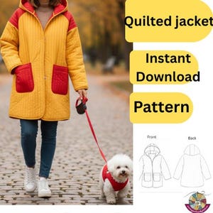 May include: A yellow quilted jacket with red accents, including the hood and pockets. The jacket is worn by a person walking a small white dog wearing a red vest. The image also includes the text "Quilted jacket, Instant Download, Pattern."