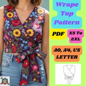 May include: A sleeveless wrap top with a deep V-neck, featuring a vibrant floral embroidery of sunflowers, poppies, and other flowers on a dark purple background. The top has a matching tie and the text "Wrap Top Pattern".