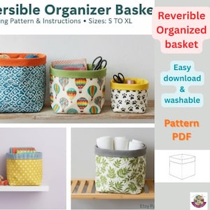 以下が含まれることがあります： 様々なサイズの、熱気球、足跡、ターコイズの波模様など、カラフルなパターンが特徴のリバーシブルオーガナイザーバスケット。画像には「Easy download & washable」と「Pattern PDF」というテキストが含まれています。