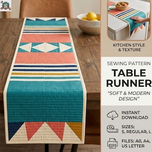 Peut inclure: Chemin de table matelassé avec un motif géométrique dans les tons de turquoise, corail et crème. Le chemin de table présente un motif répété de triangles, de losanges et de rayures. Le texte "TABLE RUNNER" et "SOFT & MODERN DESIGN" sont visibles.