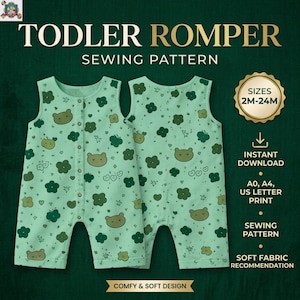 Può includere: Un modello di cucito per tutina per bambini verde menta con stampa di orsi e fiori. Il testo sull'immagine recita "TODLER ROMPER SEWING PATTERN" e "TAGLIE 2M-24M". Il design è descritto come "COMFY & SOFT DESIGN".