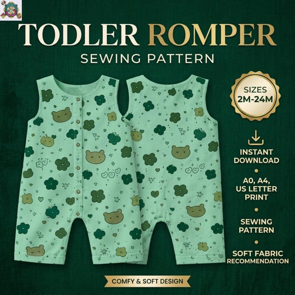Schnittmuster für einen Kleinkind-Strampler – Bären-Blumenmuster, Größen 2 M-24 M (PDF-Download)