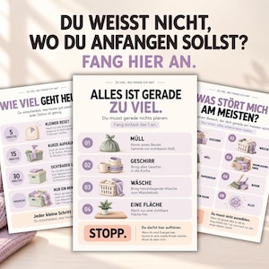 Könnte beinhalten: Drei Infografiken auf cremefarbenem Hintergrund mit violettem Text. Die mittlere Grafik trägt den Titel "ALLES IST GERADE ZU VIEL" und listet vier nummerierte Schritte für Reinigungsaufgaben mit Symbolen für Müll, Geschirr und Wäsche auf.