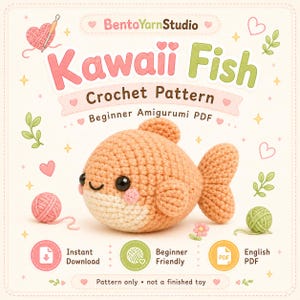 Peut inclure: Un patron de crochet de poisson kawaii en pêche, avec des yeux noirs et un ventre blanc. Le texte comprend "Beginner Amigurumi PDF", "Téléchargement instantané" et "Débutant".