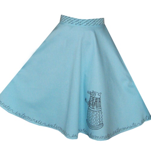 Doctor Who Dalek Exterminate Skirt Hand Drawn Made to Measure Aqua Blue Knee length skirt