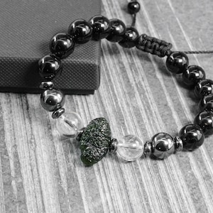 Certified Moldavite bracelet men with Clear Quartz and black Tourmaline Adjustable high vibration bracelet