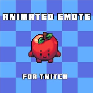 Puede incluir: Imagen pixelada de un personaje de manzana roja con una hoja verde y una cara sonriente. El texto "ANIMATED EMOTE" está en la parte superior y "FOR TWITCH" en la inferior, todo en una fuente pixelada. El fondo es un patrón de cuadros azules.