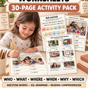 May include: A 30-page WH questions activity pack for grades 1-3, featuring worksheets with exercises like Roll and Ask, Six Questions, One Picture, and WH Questions Final Review. Includes answer guides for classroom, homeschool, or tutoring use.
