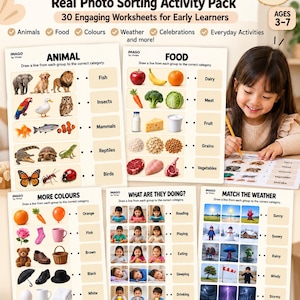 May include: A Match & Classify real photo sorting activity pack with 30 pages of worksheets for ages 3-7. The educational set features categories like animals, food, colours, weather, and activities, using real photographs for early learning.