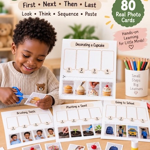 Könnte beinhalten: Cut & Paste Sequencing Lernset mit 20 Aktivitäten und 80 echten Fotokarten. Enthält Arbeitsblätter zum Dekorieren eines Cupcakes, Zähneputzen, Samenpflanzen und Schulbesuch, inklusive Schere, Klebestift und Buntstiften für Kinder.
