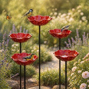 Puede incluir: Una escena de jardín presenta cinco bebederos para pájaros rojos con forma de flor sobre postes de metal negro. Varios pájaros pequeños están posados ​​en o dentro de los bebederos, bebiendo agua. Una mariposa revolotea cerca, con follaje verde y flores.