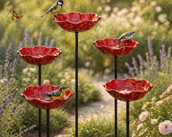 Estaca de jardín con forma de flor de amapola para bebedero de pájaros, comedero de metal para pájaros, decoración para patio exterior.