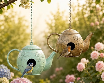 Vintage Teapot Bird Feeder Hanging Garden Decor - Hanging Bird House - Cottage Garden Bird Feeder - Rustic Outdoor Patio Decor